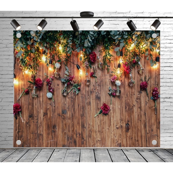 Fabric Rustic Wood & Floral String Light Backdrop(Suitable for Wedding Decoration, Photoshoots, and Vintage Romantic - Themed Events)Rustic Bridal Fabric Banner