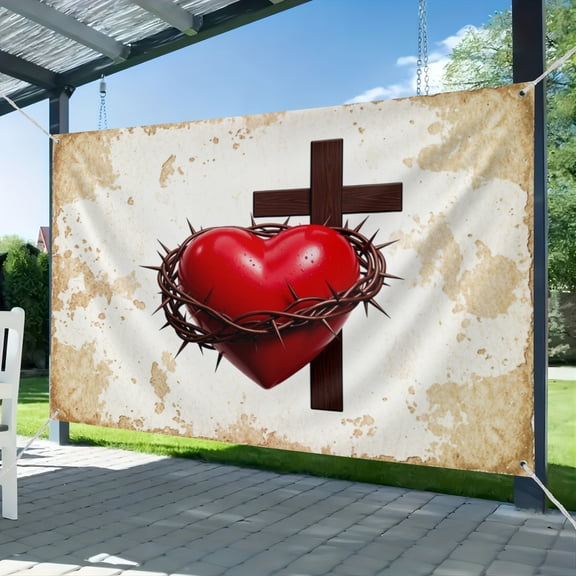 Fabric Sacred Heart of Jesus Backdrop Crown of Thorns and Wooden Cross Crucifixion and Resurrection Photography Background Easter Christian Religious Church Decor Photo Studio Props
