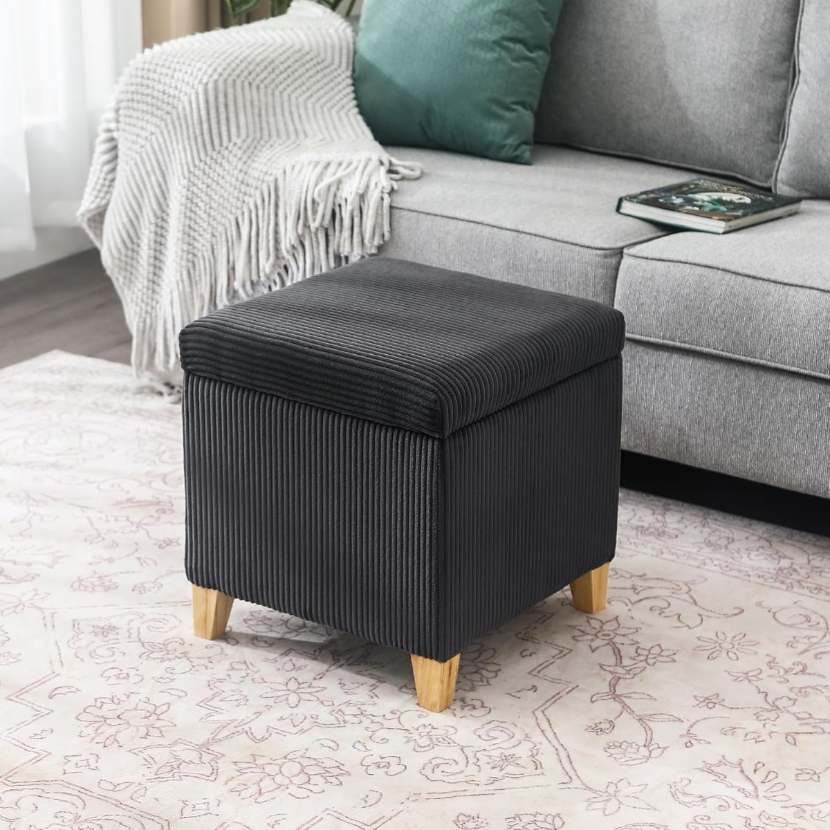 Fabric Script Pattern Cube Storage Footstool, Hinged Lid, Solid Wood ...