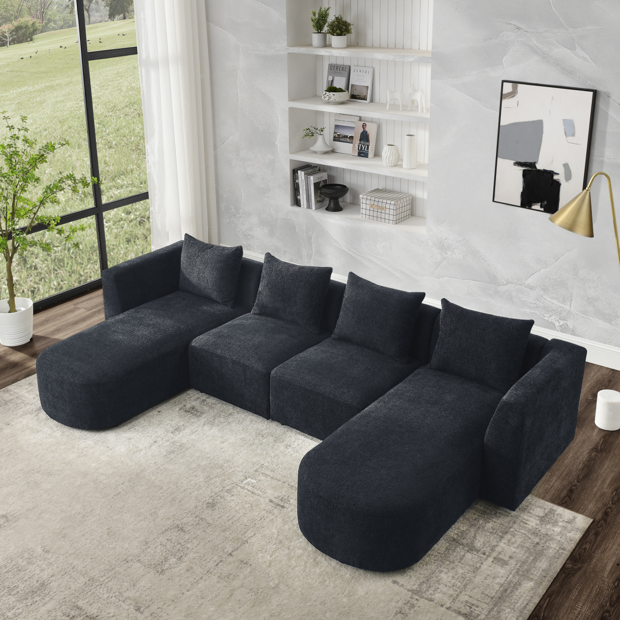 Ijuicy 110" U-Shaped Sectional Sofa With Double Chaises – Chenille Fabric, Sleepable Armrests, 4-Seater Living Room Couch