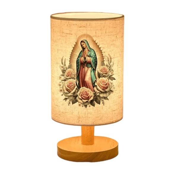 Fabric Shade Religious Table Lamp, Soft Warm Glow Desk Lighting, Christmas Gift Home Decor, Wood Base Fabric Shade Religious Table Lamp Nightstand