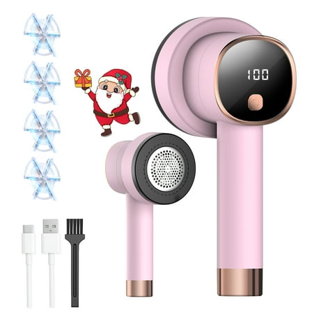 AlphaGeek Fabric Shaver Lint Shaver for Clothes Rechargeable Sweater Defuzzer with 6 Leaf Blades and Digital LED Display Remove Pills for furniture Pink