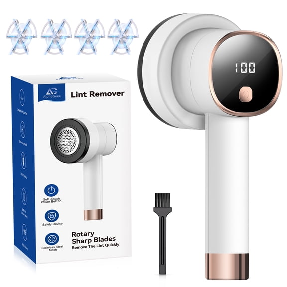 AlphaGeek Fabric Shaver Lint Shaver for Clothes Rechargeable Sweater Defuzzer with 6 Leaf Blades and Digital LED Display Remove Pills for Furniture White