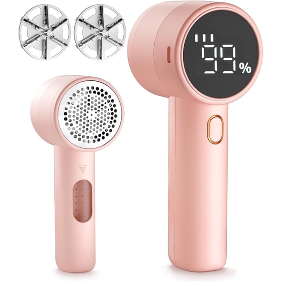 Fabric Shaver, Lint Remover Rechargeable, Electric Portable Sweater Defuzzer with 3 Speeds, 6 Leaf Blades, Digital LED Display to Remove Pilling for Clothes, Furniture, Sweater, Couch, Blanket- Pink