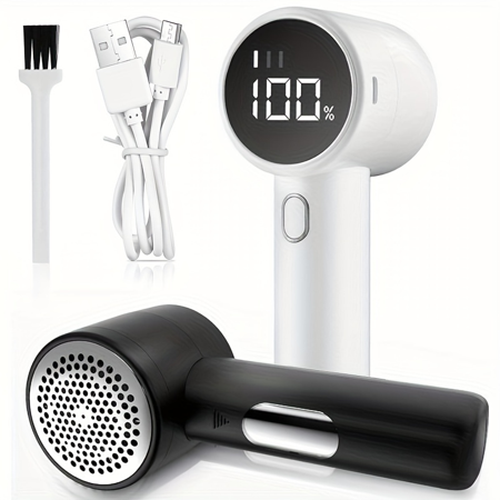 Fabric Shaver and Lint Remover, Rechargeable Electric Sweater Defuzzer with 3 Speeds, 6-Blade Design and LED Display for Clothes, Furniture and Blankets, 2-Pack Black and White