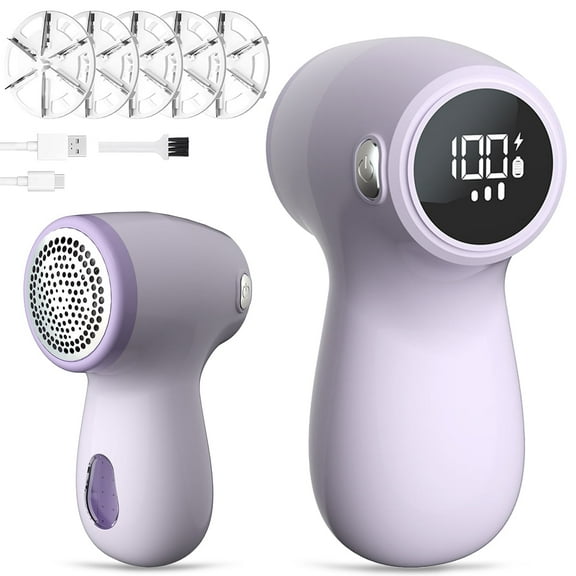 Fabric Shaver Lint Remover, Rechargeable Sweater Defuzzer with 5 Leaf Stainless Steel Blades, Lint Shaver with LED Display for Removing Clothes Fuzz, Purple