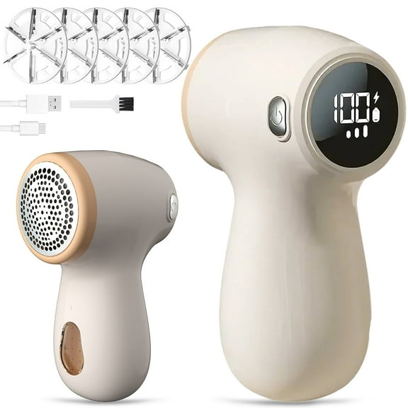 Fabric Shaver Lint Remover, Rechargeable Sweater Defuzzer with 5 Leaf Stainless Steel Blades, Lint Shaver with LED Display for Removing Clothes Fuzz, Yellow