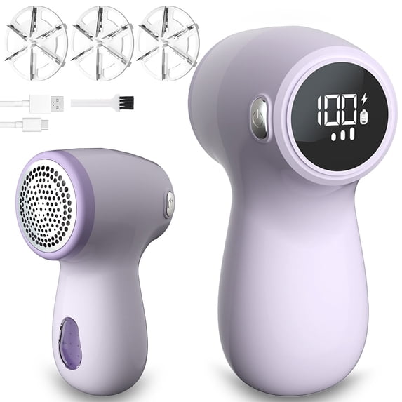 Rirool USB Rechargeable Fabric Shaver, Lint Remover with 3 Stainless Steel Blades & Digital Display, Portable Clothes Defuzzer for Sweaters & Blankets, Purple