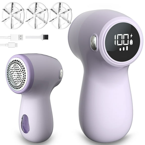 Rirool USB Rechargeable Fabric Shaver, Lint Remover with 3 Stainless Steel Blades & Digital Display, Portable Clothes Defuzzer for Sweaters/Blankets, Purple