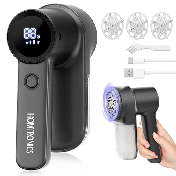 Homtronics Electric Fabric Shaver Lint Remover, 2000mAh Rechargeable Sweater Defuzzer with 6-Leaf Blades, LED Light & Display, 3 Speeds, Safety Lock