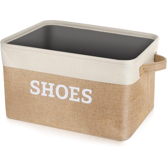 Fabric Shoe Basket for Entryway, Hallway or Mudroom - Flodable Space-Saving Storage Bin for Closet, Decorative Home Decor (Beige)