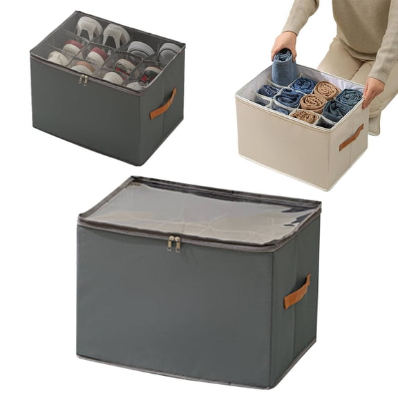 Fabric Shoe Storage Box with Transparent Lid, Dustproof Organizer for Closet, Grey, Sturdy Construction, Portable Handles, Foldable for Off-Season Storage