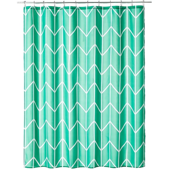 Fabric Shower Curtain, 72" x 72", Machine Washable, Quality Reinforced Buttonholes for Bathroom, Guest Bath, Stalls, Tubs - Inverse Herringbone Design - White/Emerald