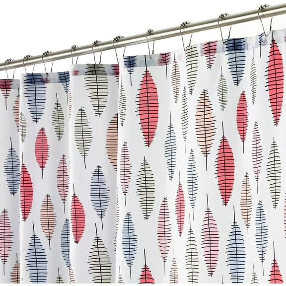 Fabric Shower Curtain, 72" x 72" Machine Washable, Quality Reinforced Buttonholes for Bathroom, Guest Bath, Stalls, Tubs - Leaves and Lines Design - Coral Orange