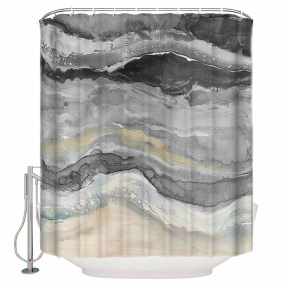 Fabric Shower Curtain Abstract Grey Gradient Beach Ocean Wave Oil Painting Shower Curtains with 12 Hooks Waterproof Machine Washable Bath Curtains for Bathroom, 48x 72in