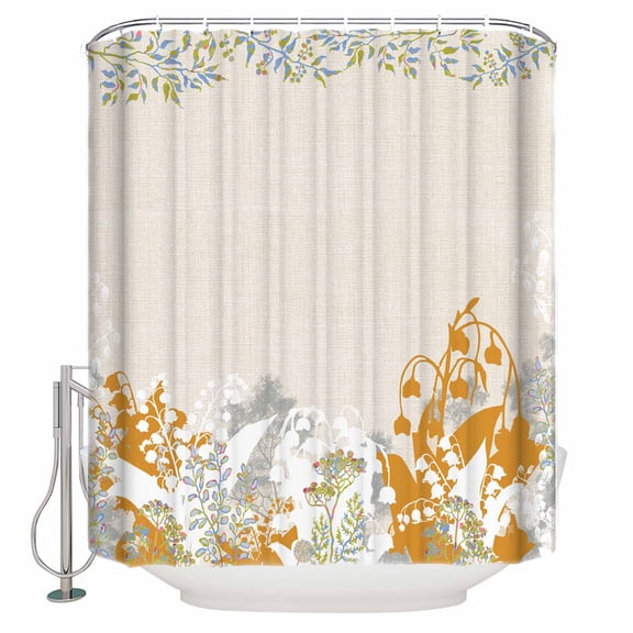 Fabric Shower Curtain, Abstract Lily of The Valley Flowers Plants Retro Linen Shower Curtains with 12 Hooks Waterproof Machine Washable Bath Curtains for Bathroom, 48x 72in