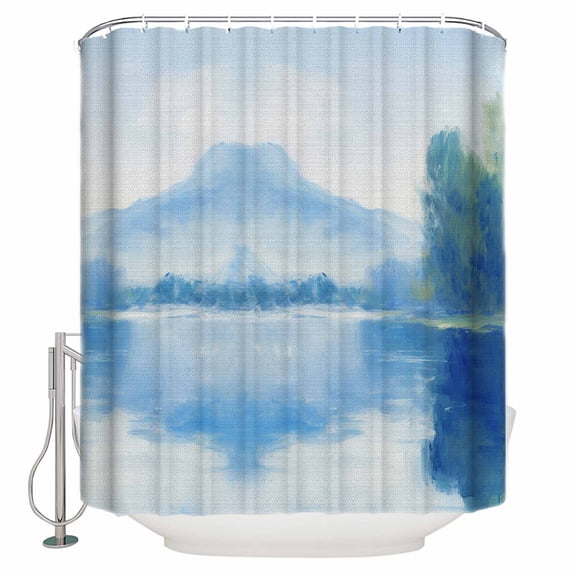 Fabric Shower Curtain, Abstract Sky Mountain River and Trees Landscape Watercolor Shower Curtains with 12 Hooks Waterproof Machine Washable Bath Curtains for Bathroom, 36 x 78in