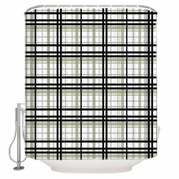 Fabric Shower Curtain Abstract Stripes Sage Green Black Grey Plaid Shower Curtains with 12 Hooks Waterproof Machine Washable Bath Curtains for Bathroom, 36 x 78in