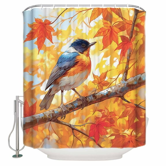 Fabric Shower Curtain Autumn Orange Maple Leaves Cute Birds Shower Curtains with 12 Hooks Waterproof Machine Washable Bath Curtains for Bathroom, 48x 72in
