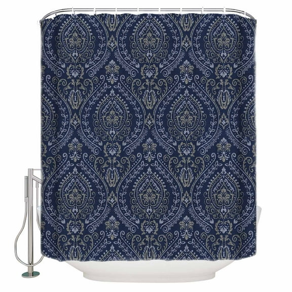Fabric Shower Curtain, Baroque Style Blue Leaves Floral Blooms Botanical Pattern Shower Curtains with 12 Hooks Waterproof Machine Washable Bath Curtains for Bathroom,72 x 96in