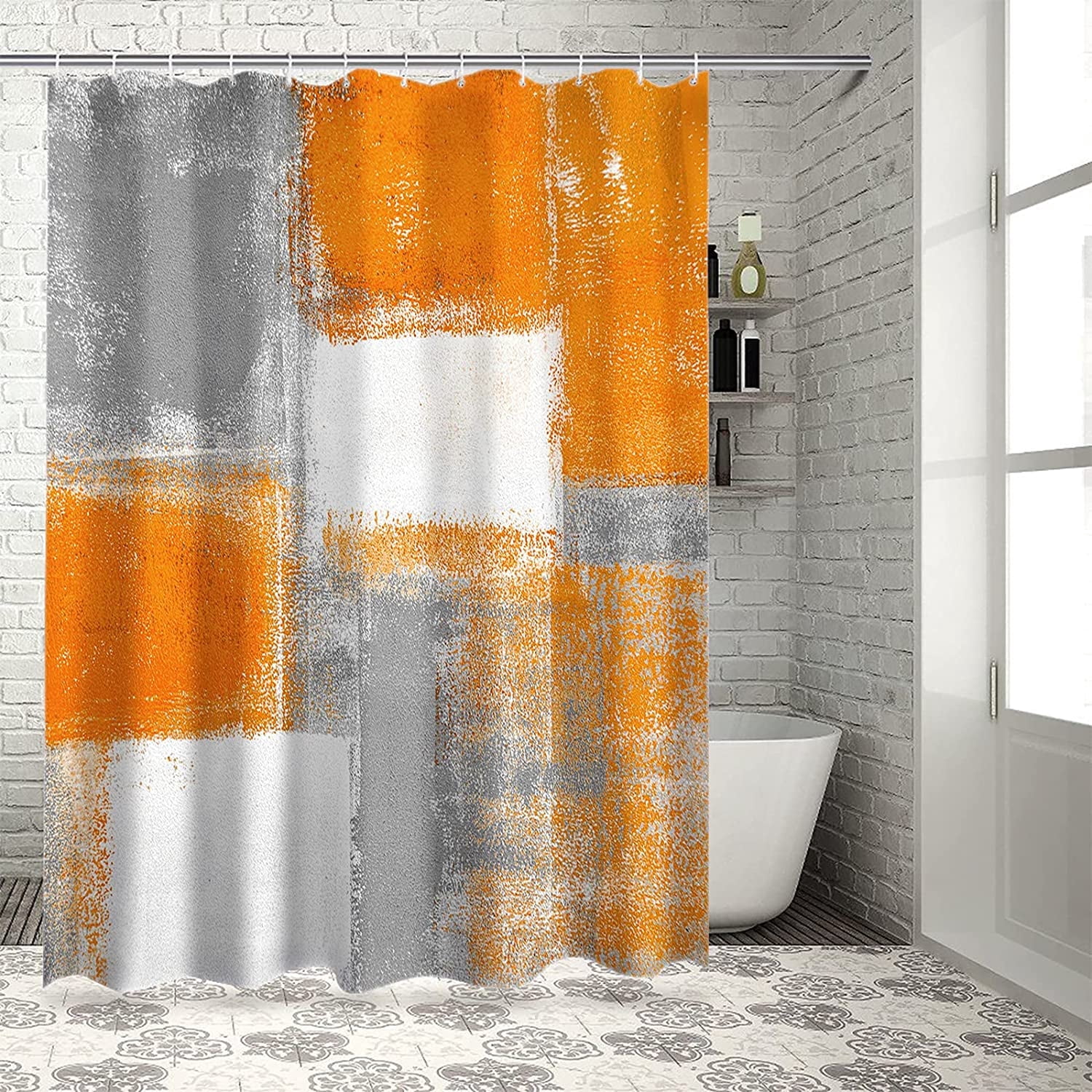 Fabric Shower Curtain for Bathroom, Oil Painting Abstract Art Custom Shower Curtain Set with Hooks, Luxury Bathroom Curtains, Orange Geometric Waterproof Polyester Bathroom Accessories, 36x72inch