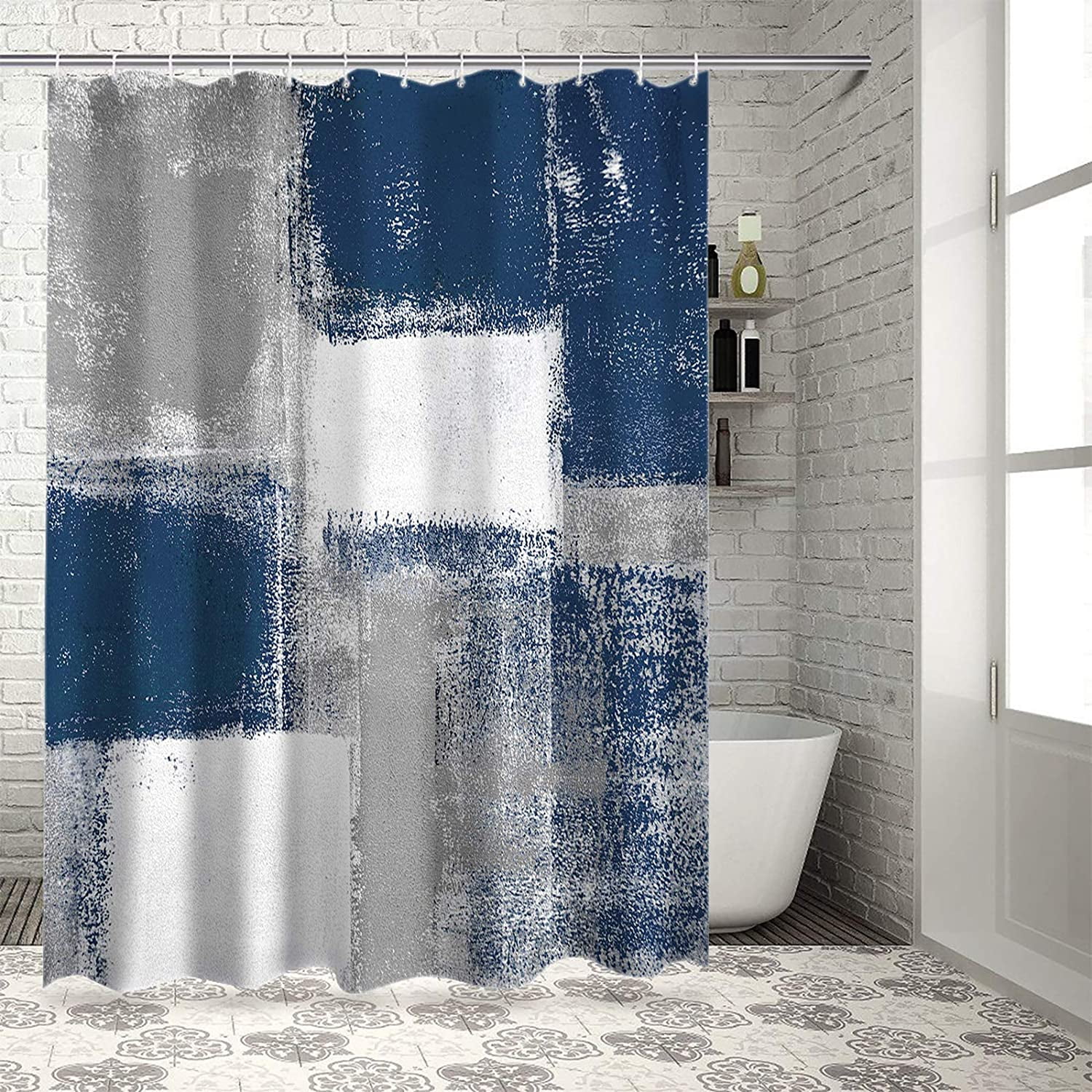 Fabric Shower Curtain for Bathroom, Oil Painting Art Blue Custom Shower Curtain Set with Hooks, Luxury Bathroom Curtains, Abstract Gray Geometric Waterproof Polyester Bathroom Accessories, 72x72inch