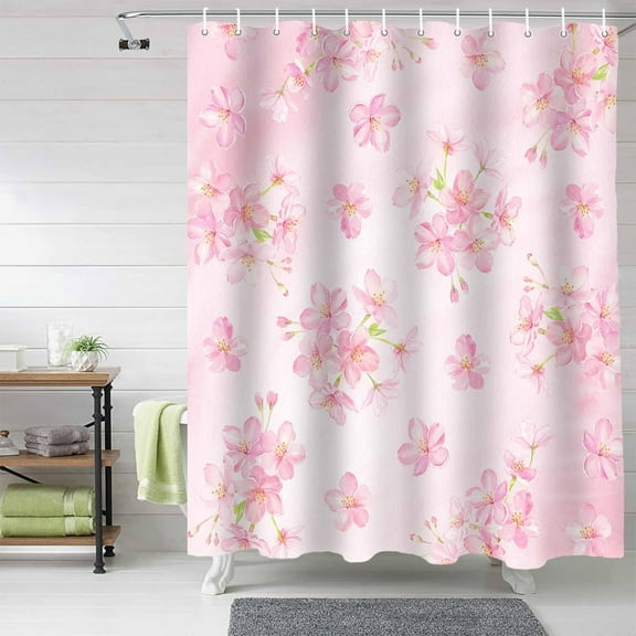 Fabric Shower Curtain for Bathroom, Pink Floral Custom Shower Curtain Set with Hooks, Luxury Bathroom Curtains, Spring Waterproof Polyester Bathroom Accessories, 72x72inch