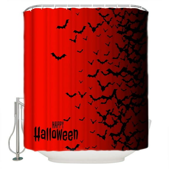Fabric Shower Curtain, Bats Red Black Gradient Happy Halloween Bathroom Curtain with 12 Hooks Waterproof No Bad Odor Machine Washable Bath Curtains for Bathroom, Spa Room, Background Cloth, 60"x72"
