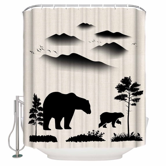 Fabric Shower Curtain, Black Bears Silhouettes Smoky Mountain Wildlife Animal Linen Bathroom Curtain with 12 Hooks Waterproof No Bad Odor Machine Washable Bath Curtains for Bathroom, Spa Room, Background Cloth, 66"x72"