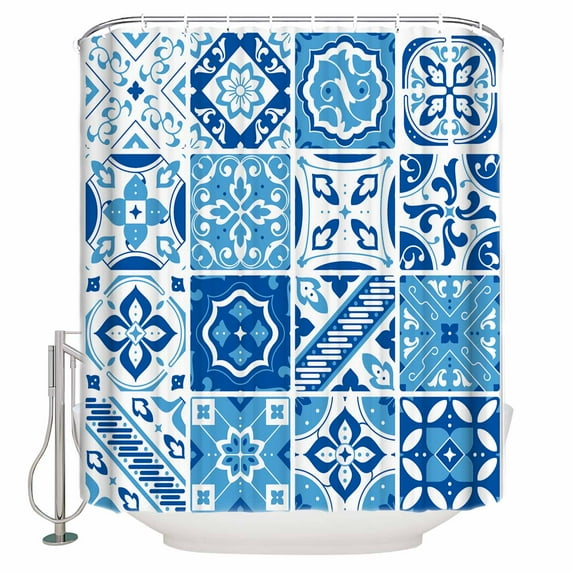 Fabric Shower Curtain, Blue Floral Geometric Tile Bathroom Curtain with 12 Hooks Waterproof No Bad Odor Machine Washable Bath Curtains for Bathroom, Spa Room, 72"x78"