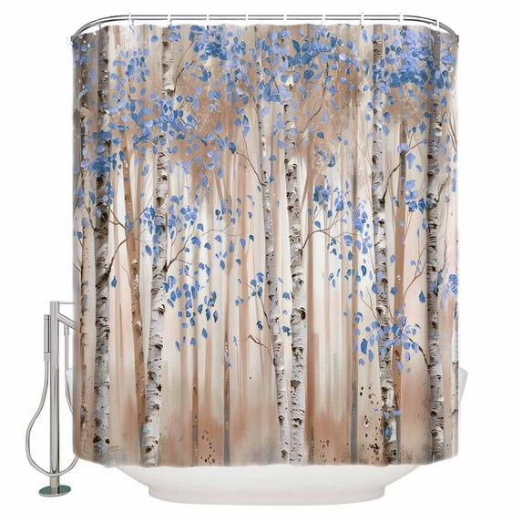 Fabric Shower Curtain, Blue Leaves Impressionist Forest Oil Painting Art Shower Curtains with 12 Hooks Waterproof Machine Washable Bath Curtains for Bathroom, 48x 72in