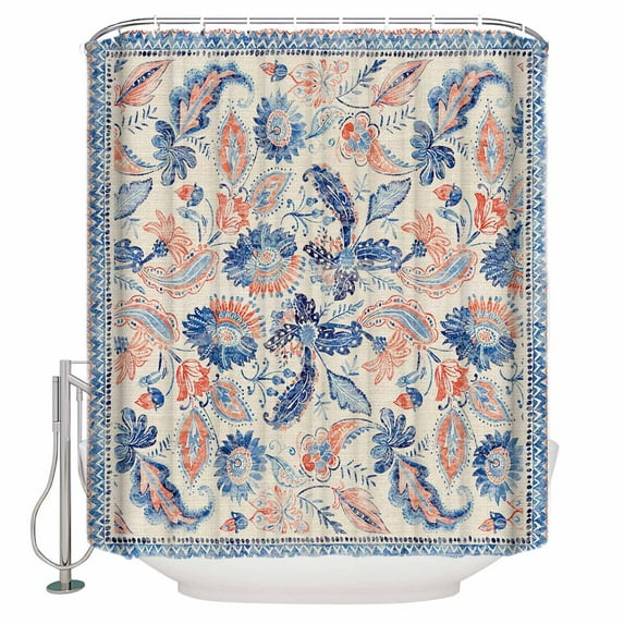 Fabric Shower Curtain, Blue Paisley Flowers Distressed Floral Geometric Watercolor Shower Curtains with 12 Hooks Waterproof Machine Washable Bath Curtains for Bathroom, 54 x 78in
