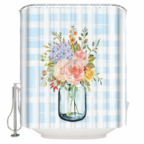 Fabric Shower Curtain, Blue Plaid Rose Flower Printing Bathroom Curtain with 12 Hooks Waterproof No Bad Odor Machine Washable Bath Curtains for Bathroom, Spa Room, 72"x78"