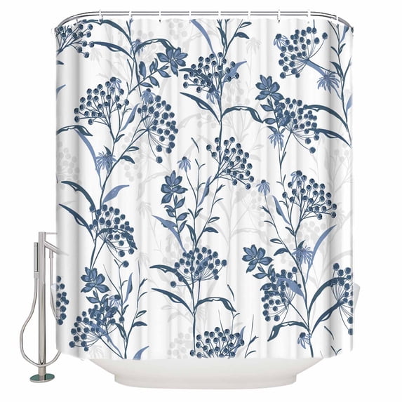 Fabric Shower Curtain, Blue Plant and Fruits Texture Shower Curtains with 12 Hooks Waterproof Machine Washable Bath Curtains for Bathroom, 54 x 78in