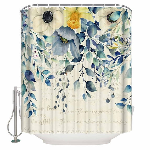 Fabric Shower Curtain, Blue Watercolor Flower Eucalyptus Leaves Linen Pattern Bathroom Curtain with 12 Hooks Waterproof No Bad Odor Machine Washable Bath Curtains for Bathroom, Spa Room, 72"x72"