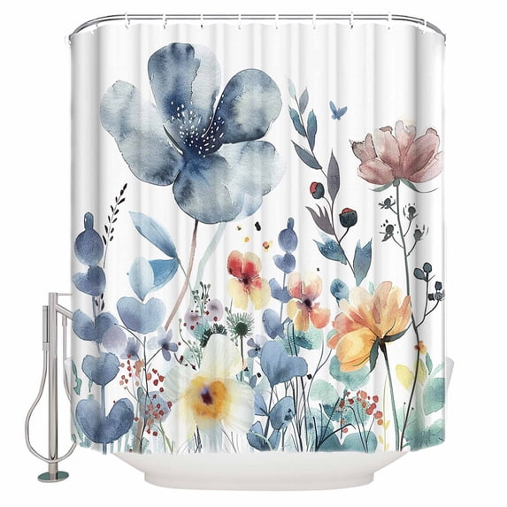 Fabric Shower Curtain, Blue Watercolor Flowers Bathroom Curtain with 12 Hooks Waterproof No Bad Odor Machine Washable Bath Curtains for Bathroom, Spa Room, 72"x78"