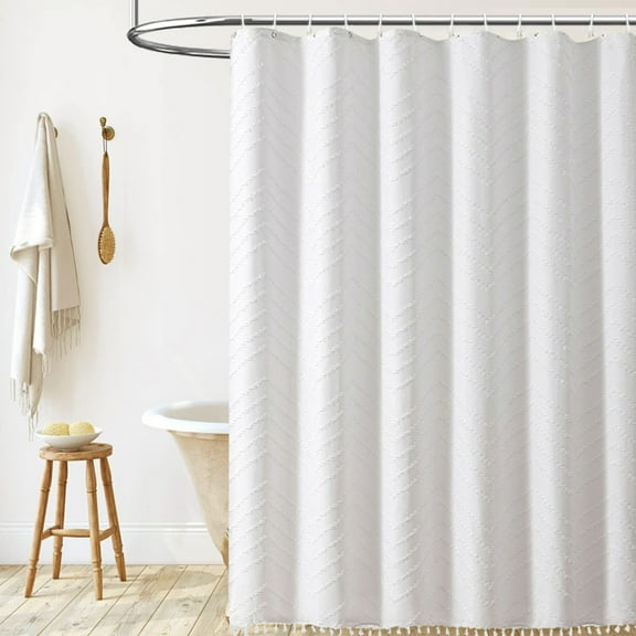 Fabric Shower Curtain, Boho Bathroom Curtain With Tassel, Textured Cloth Bath Curtain, Modern Style With Hooks, Water-Repellent, Easy Installation & Care
