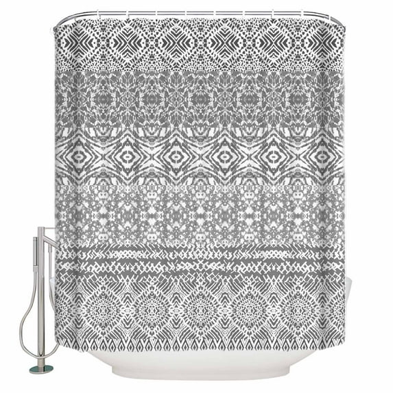 Fabric Shower Curtain, Boho Grey Striped Geometric Ethnic Style Bathroom Curtain with 12 Hooks Waterproof No Bad Odor Machine Washable Bath Curtains for Bathroom, Spa Room, 72"x84"