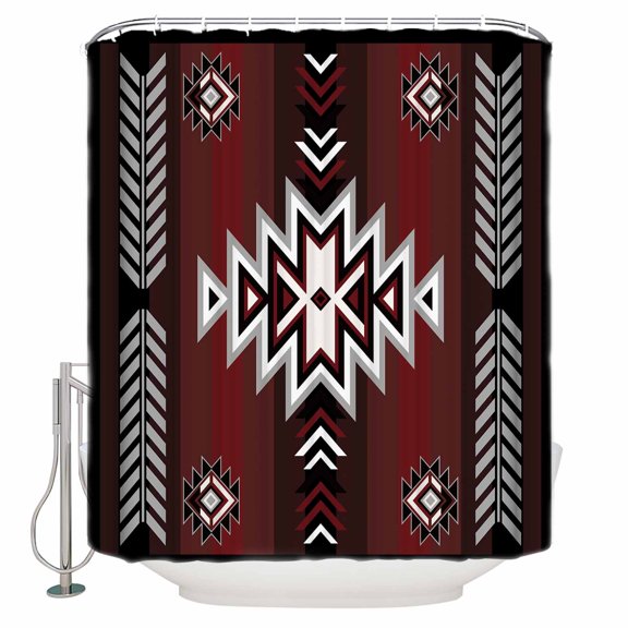 Fabric Shower Curtain, Boho Moroccan Red and Black Gradient Striped Geometric Bathroom Curtain with 12 Hooks Waterproof No Bad Odor Machine Washable Bath Curtains for Bathroom, Spa Room, 36"x72"