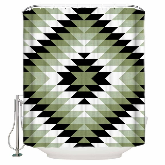 Fabric Shower Curtain, Boho Moroccan Sage Green Black and White Striped Geometric Shower Curtains with 12 Hooks Waterproof Machine Washable Bath Curtains for Bathroom, 48x 72in
