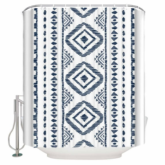Fabric Shower Curtain, Boho Navy Blue Geometric Striped Farmhouse Style Bathroom Curtain with 12 Hooks Waterproof No Bad Odor Machine Washable Bath Curtains for Bathroom, Spa Room, 36"x72"
