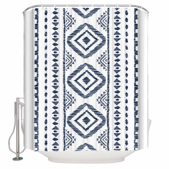 Fabric Shower Curtain, Boho Navy Blue Geometric Striped Farmhouse Style Shower Curtains with 12 Hooks Waterproof Machine Washable Bath Curtains for Bathroom, 48x 72in