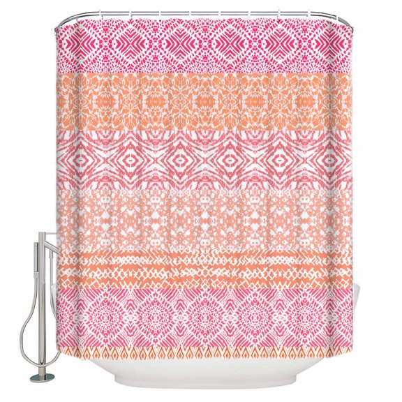 Fabric Shower Curtain, Boho Pink and Orange Striped Geometric Ethnic Style Bathroom Curtain with 12 Hooks Waterproof No Bad Odor Machine Washable Bath Curtains for Bathroom, Spa Room, 72"x72"