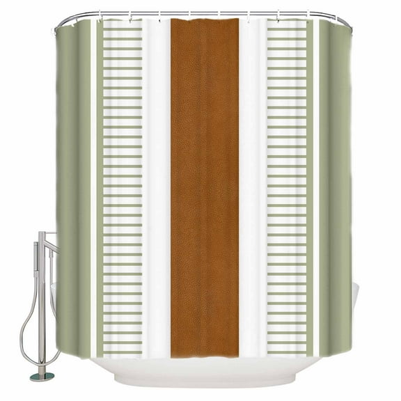 Fabric Shower Curtain, Boho Sage Green and Brown Striped Geometric Retro Farmhouse Shower Curtains with 12 Hooks Waterproof Machine Washable Bath Curtains for Bathroom, 48x 72in