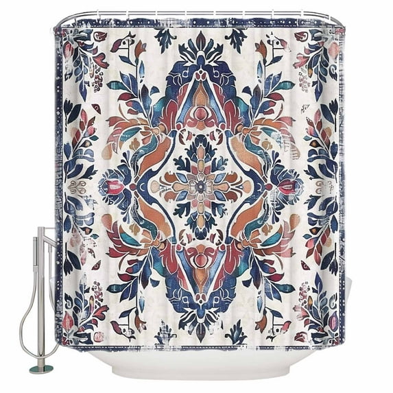 Fabric Shower Curtain, Boho Vintage Blue and Red Floral Pattern Shower Curtains with 12 Hooks Waterproof Machine Washable Bath Curtains for Bathroom, 72 x 96in