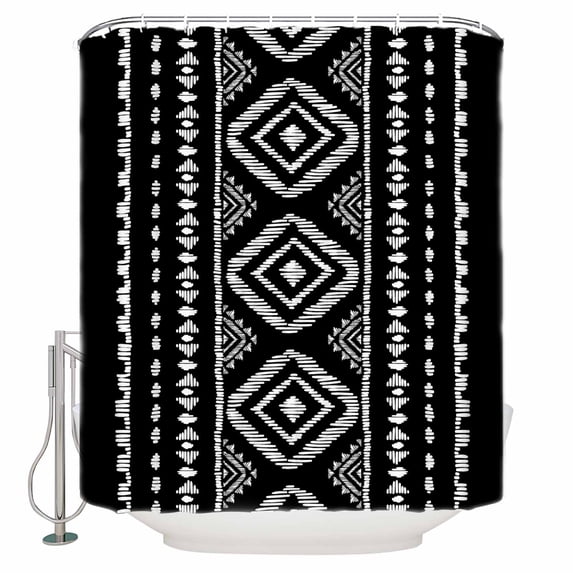 Fabric Shower Curtain, Boho White Geometric Striped Farmhouse Style Black Bathroom Curtain with 12 Hooks Waterproof No Bad Odor Machine Washable Bath Curtains for Bathroom, Spa Room, 72"x78"