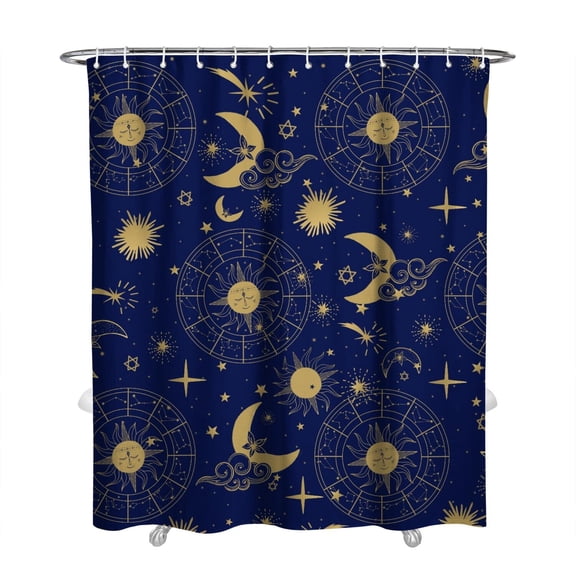 Fabric Shower Curtain with Celestial Gothic Patterns, Astral Moon and Star Design, Dark Aesthetic Sunburst Constellation Theme, Waterproof Curtain 72x84 for Bathroom, Includes Hooks