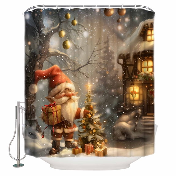 Fabric Shower Curtain, Christmas Cartoon Gnome Elf Lights Snow Ornaments Evergreen Bathroom Curtain with 12 Hooks Waterproof No Bad Odor Machine Washable Bath Curtains for Bathroom, Spa Room, 36"x72"
