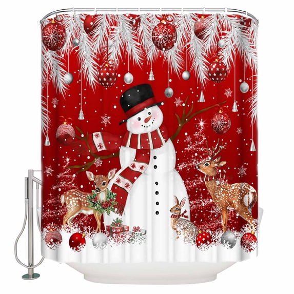 Fabric Shower Curtain, Christmas Red Snowman Christmas Balls Pine Leaves Bathroom Curtain with 12 Hooks Waterproof No Bad Odor Machine Washable Bath Curtains for Bathroom, Spa Room, 72"x72"
