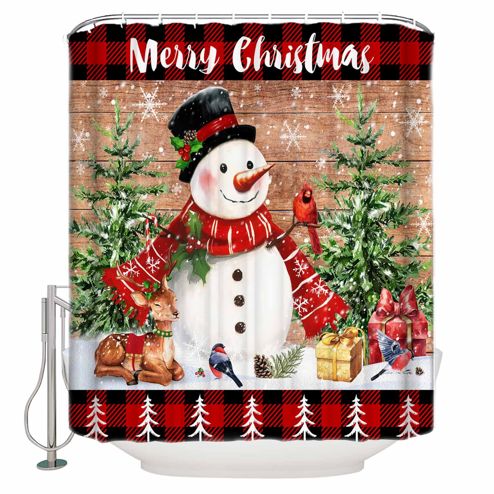 Fabric Shower Curtain, Christmas Snowman Evergreen Elk Wood Grain Red
